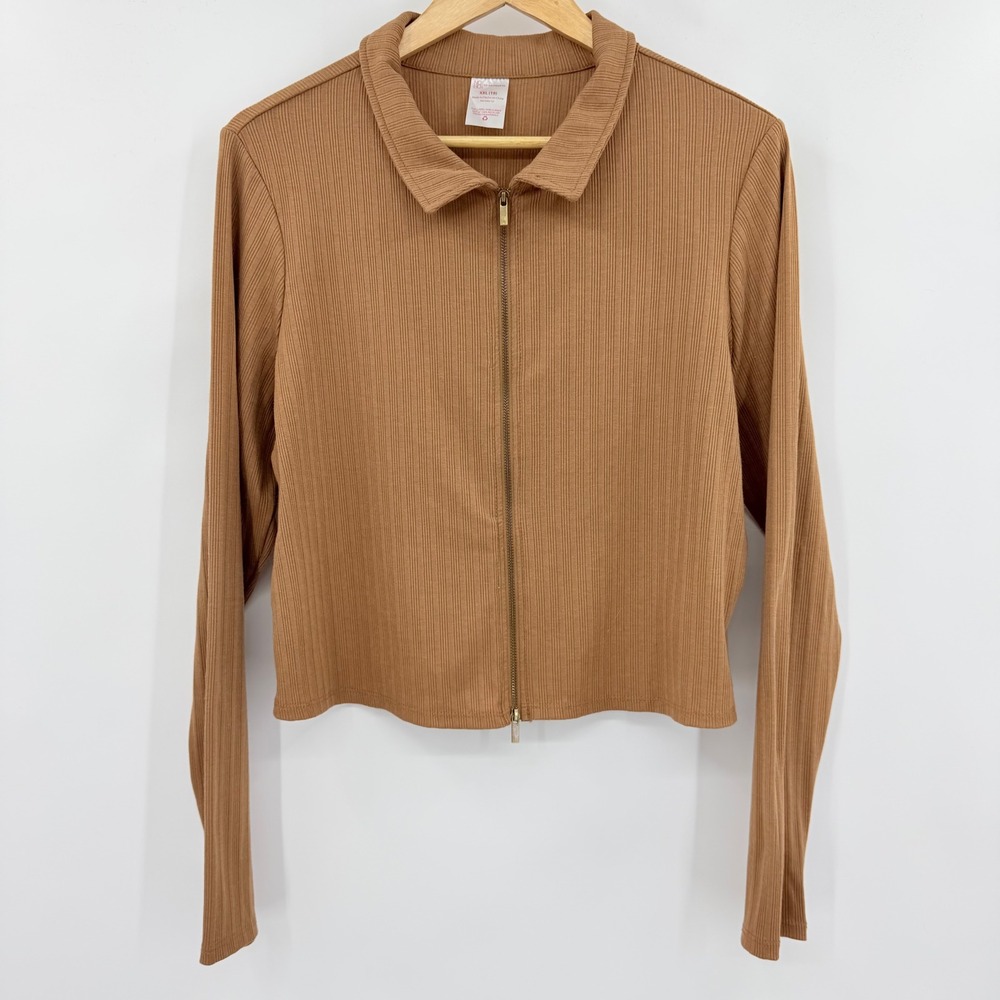 No Boundaries Womens XXL 19 Brown Ribbed Full Zip Collared Cardigan‎ Sweater Top